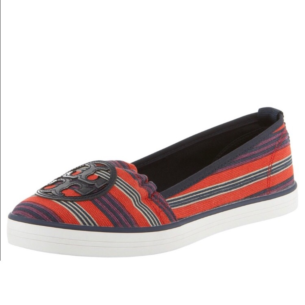 Tory Burch Logo Red Striped Sneaker Slip On Shoes